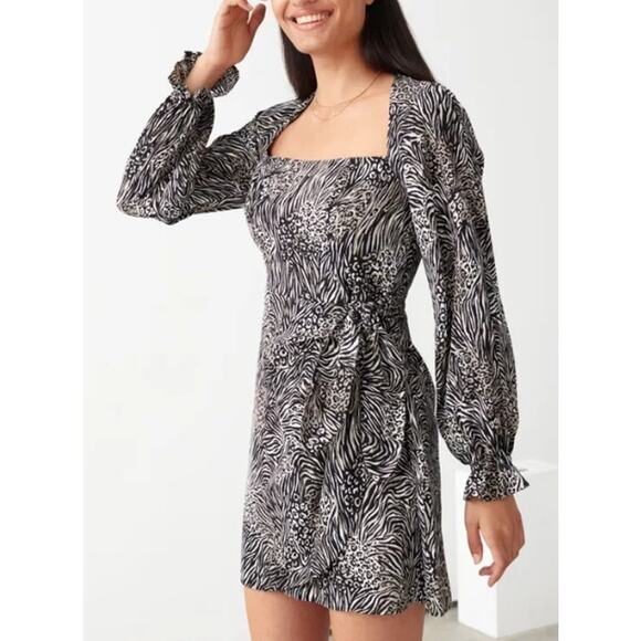 & Other Stories Flowy Leopard Print Mini Dress Puff Sleeves Side Tie Skirt 4 - Picture 1 of 16
